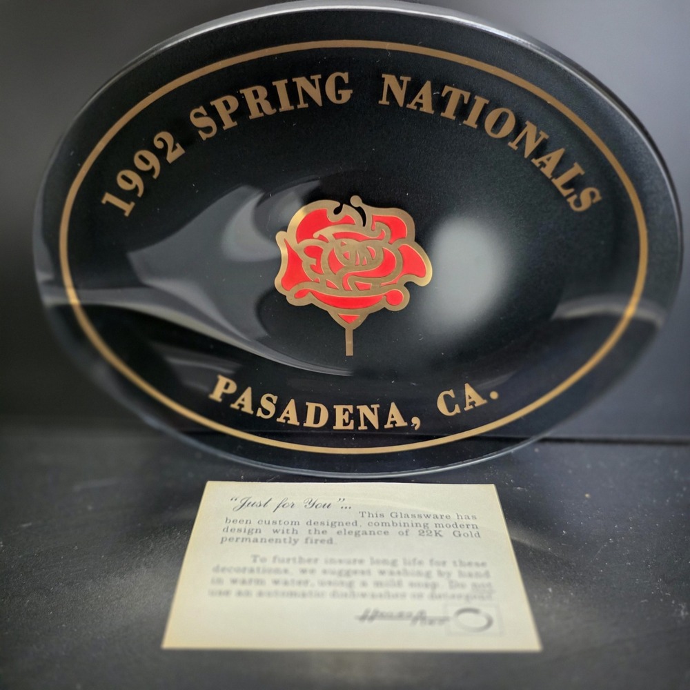 Houze Art Glass Tray Black 1992 Spring Nationals Pasadena 22K Gold Rose MCM NOS